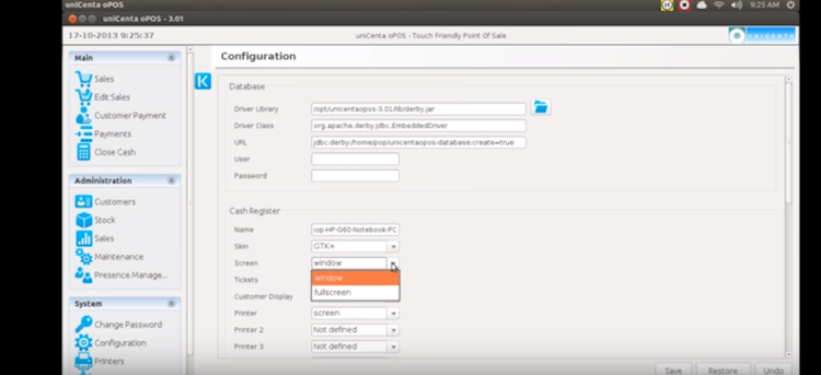 uniCenta screenshot: uniCenta oPOS configuration settings