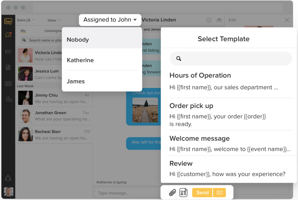 Chats can be assigned to team members, and messages can be created from templates