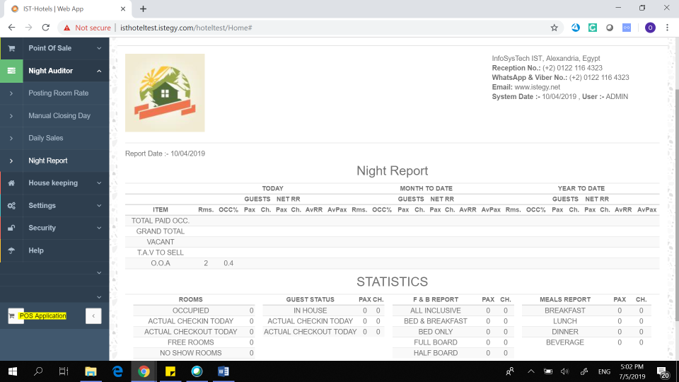 CloudWadi Hotel Management Software night report & statistics screenshot