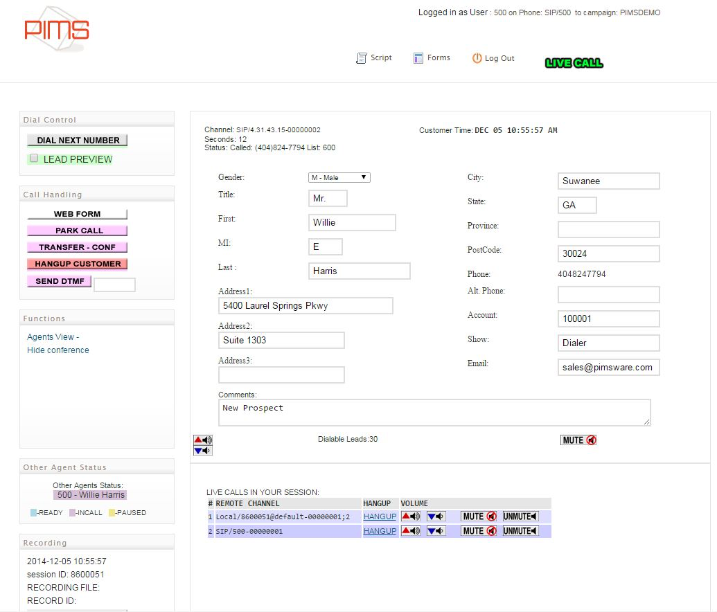 PIMS Dialer screenshot: Pims Auto Dialer's agent interface