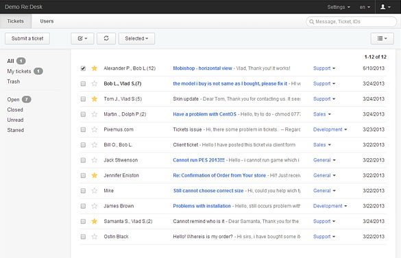 Tickets listing. Shows unread and read tickets, new and replied and starred tickets