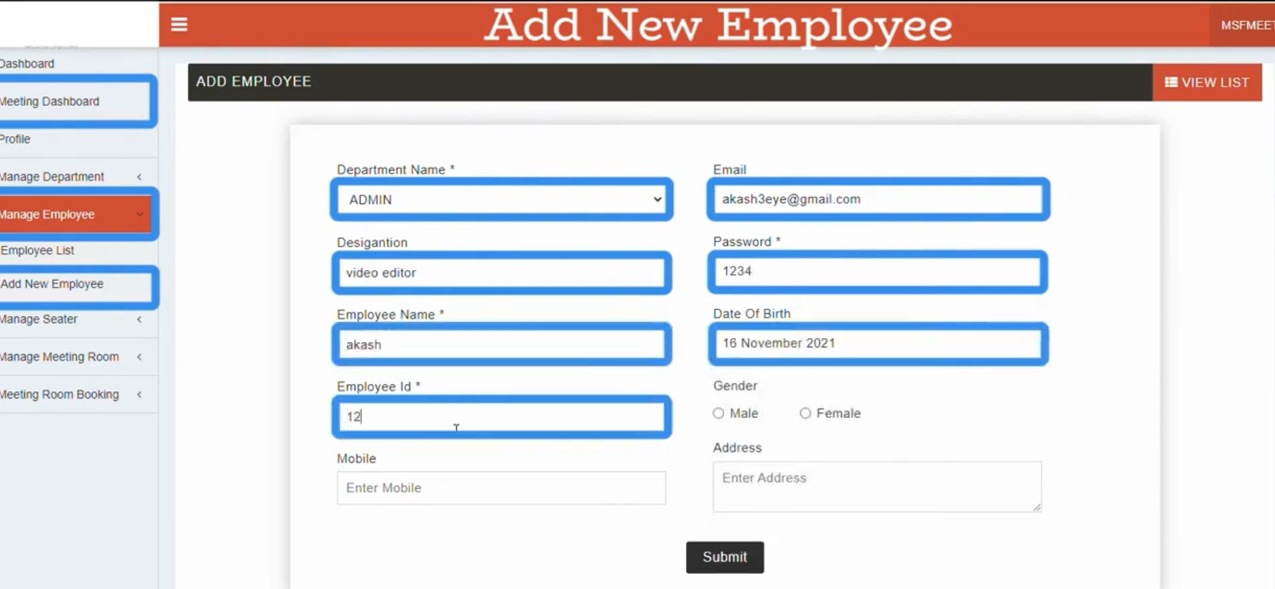 Meeting Room Booking System screenshot: Meeting Room Booking System New Employee Addition