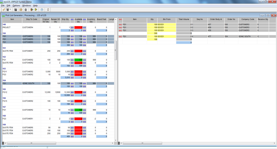ERP123 screenshot: ERP123 pick lists