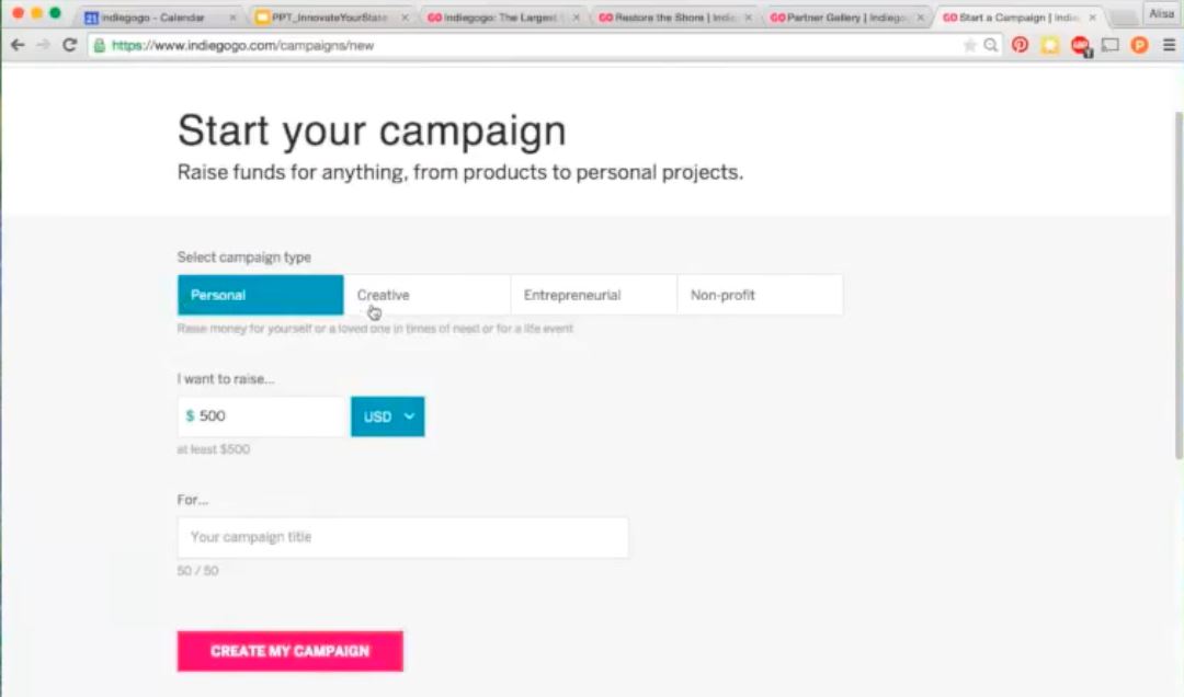 Indiegogo campaign type