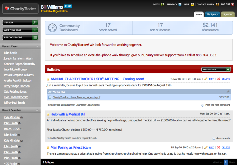 CharityTracker Software - Dashboard/Bulletin Board