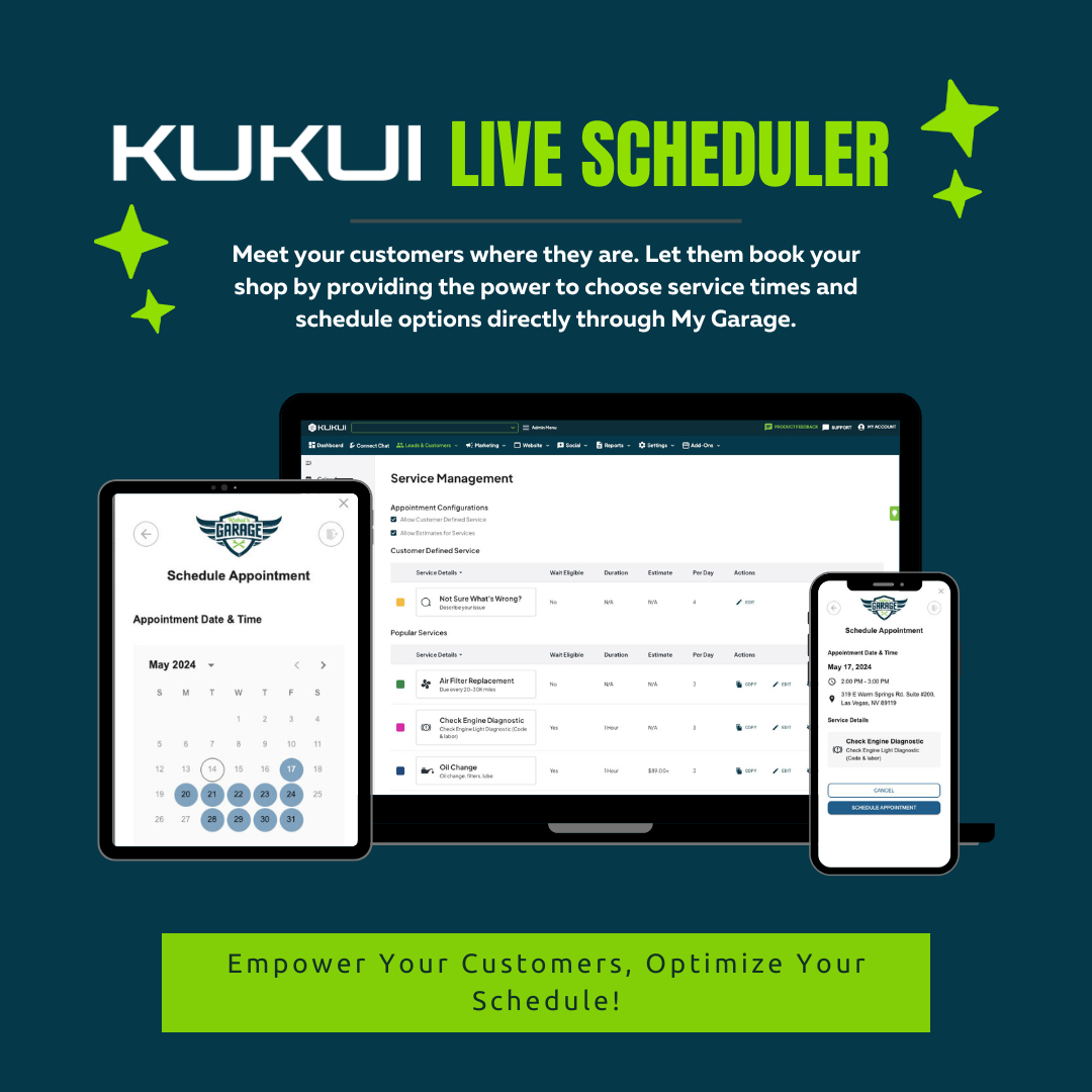 Kukui Software - KUKUI's Live Scheduler is Streamlined auto repair appointment scheduling that allows your customers and prospects to book appointments online that fit with your schedule!