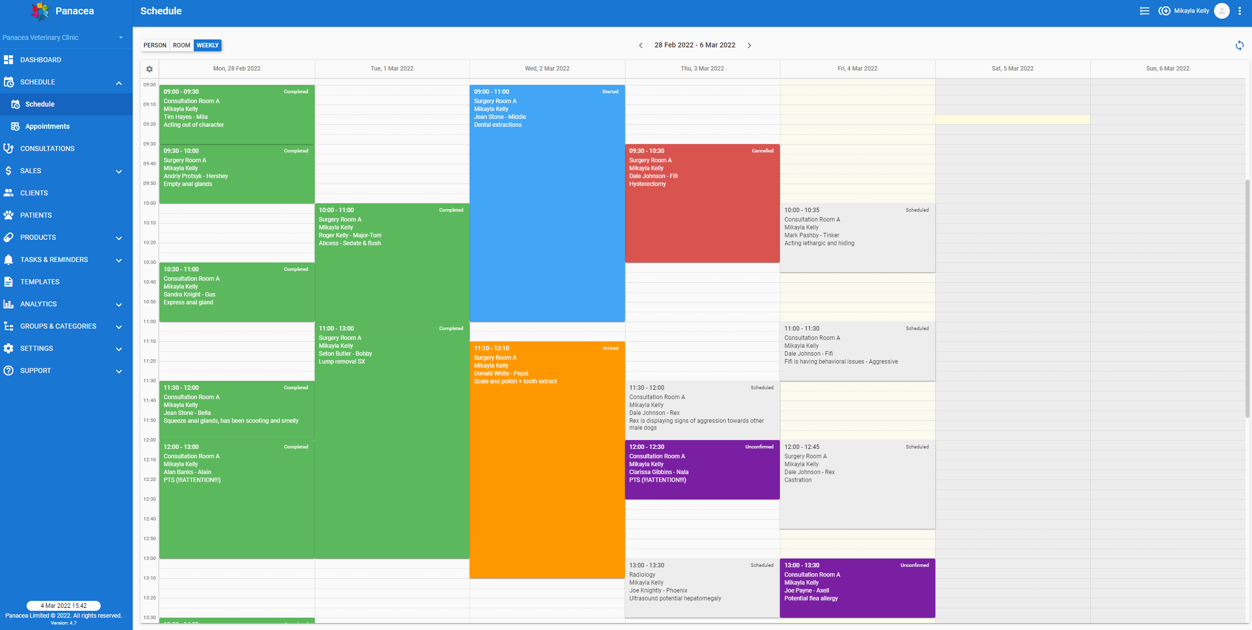Panacea screenshot: Easily see and manage your clinic's workload from the schedule screen. Automated reminders let you set and forget, saving time and hassle.
