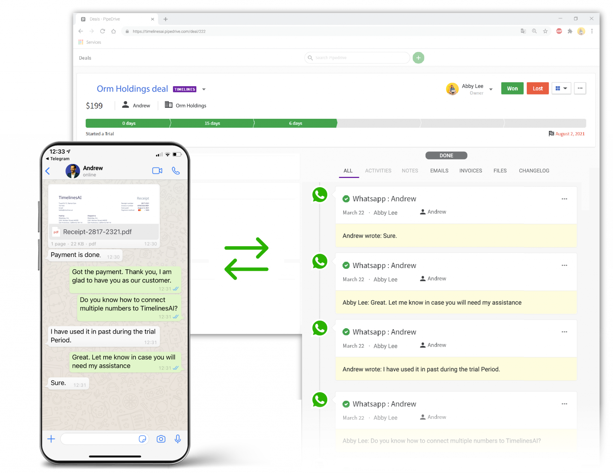 WhatsApp and CRM integration.
Get all the WhatsApp chats with prospects integrated into PipeDrive, Zoho, Monday, HubSpot or any other CRM of your choice.