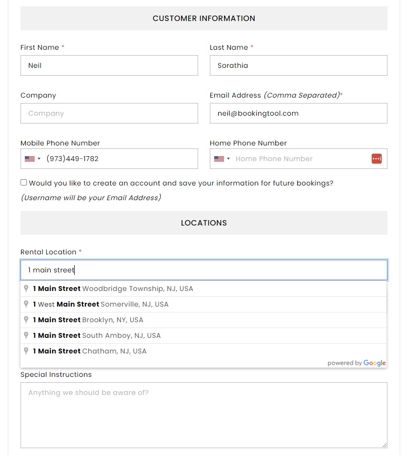 Easy customer booking page with integrated google address lookup.