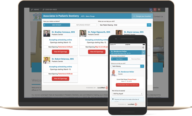 LocalMed screenshot: LocalMed Connect supports the linking of new patients to dental practices, enabling them to schedule appointments directly with a surgery office in real time