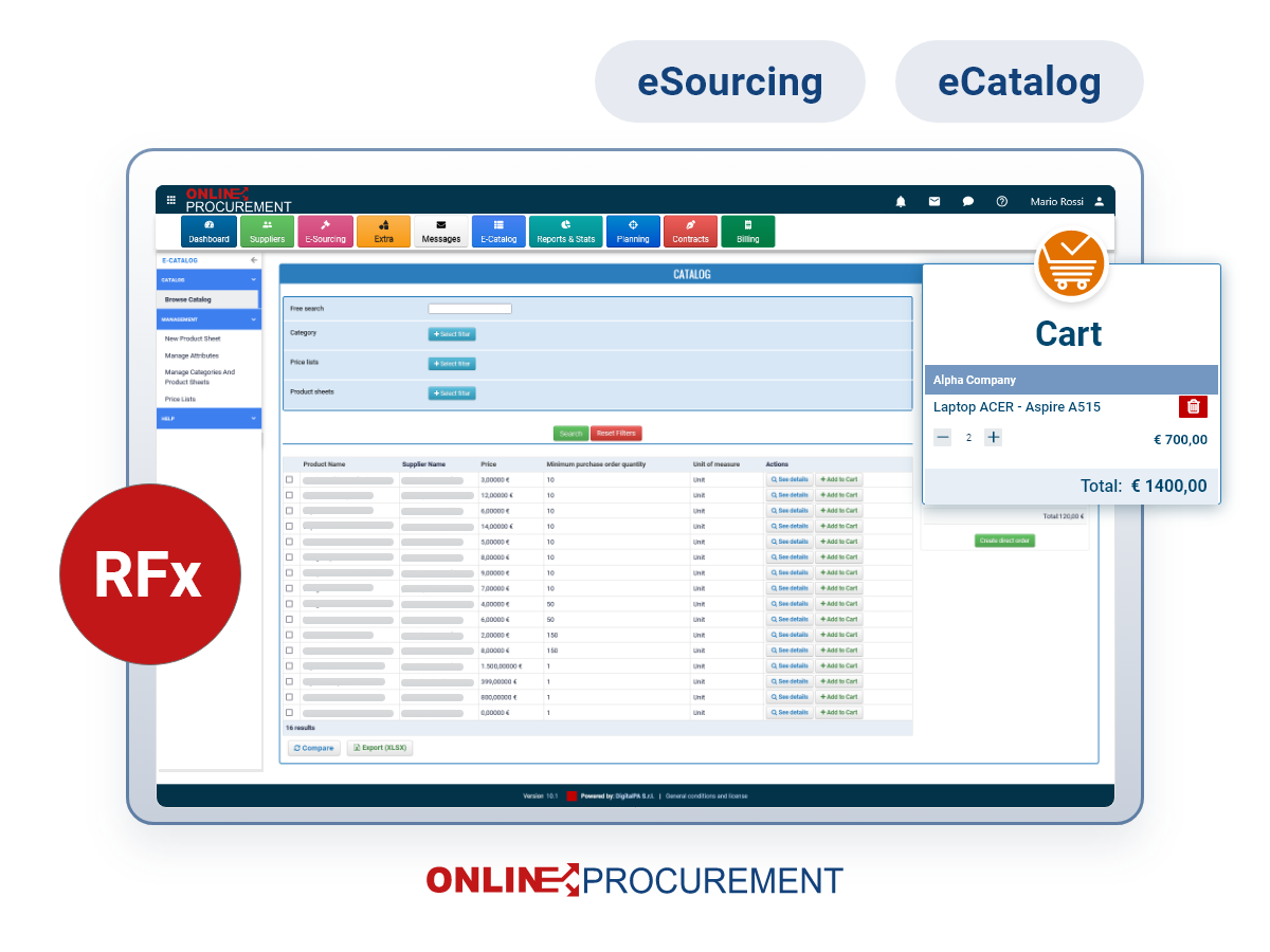 Sourcing events and one-click shopping via e-catalogs