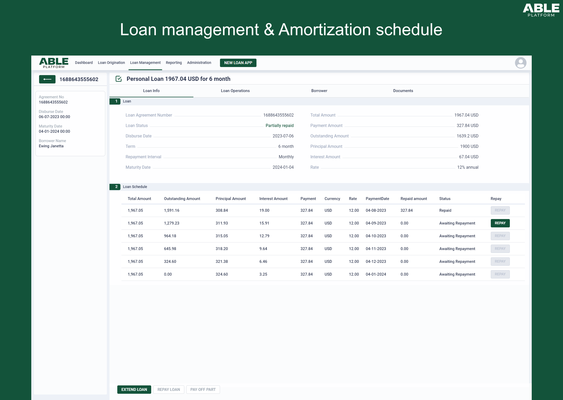 disbursed loan management and amortization schedule payoff