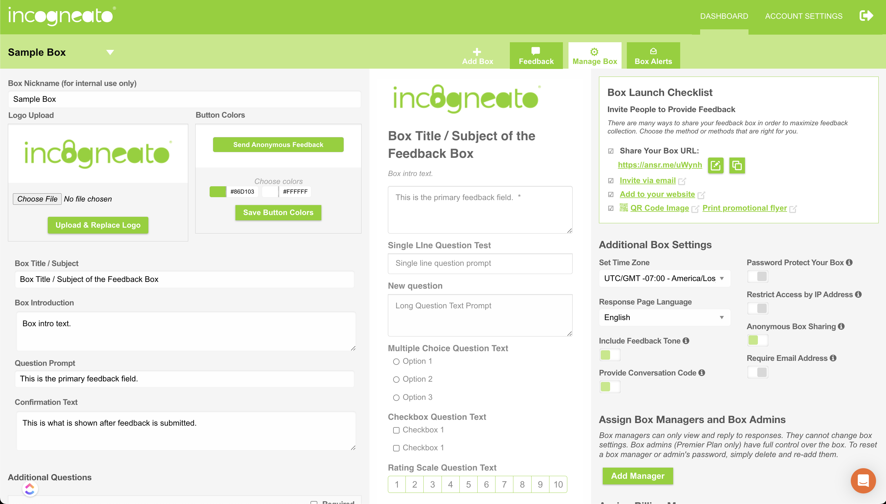 Incogneato screenshot: Feedback Box Setup & Management