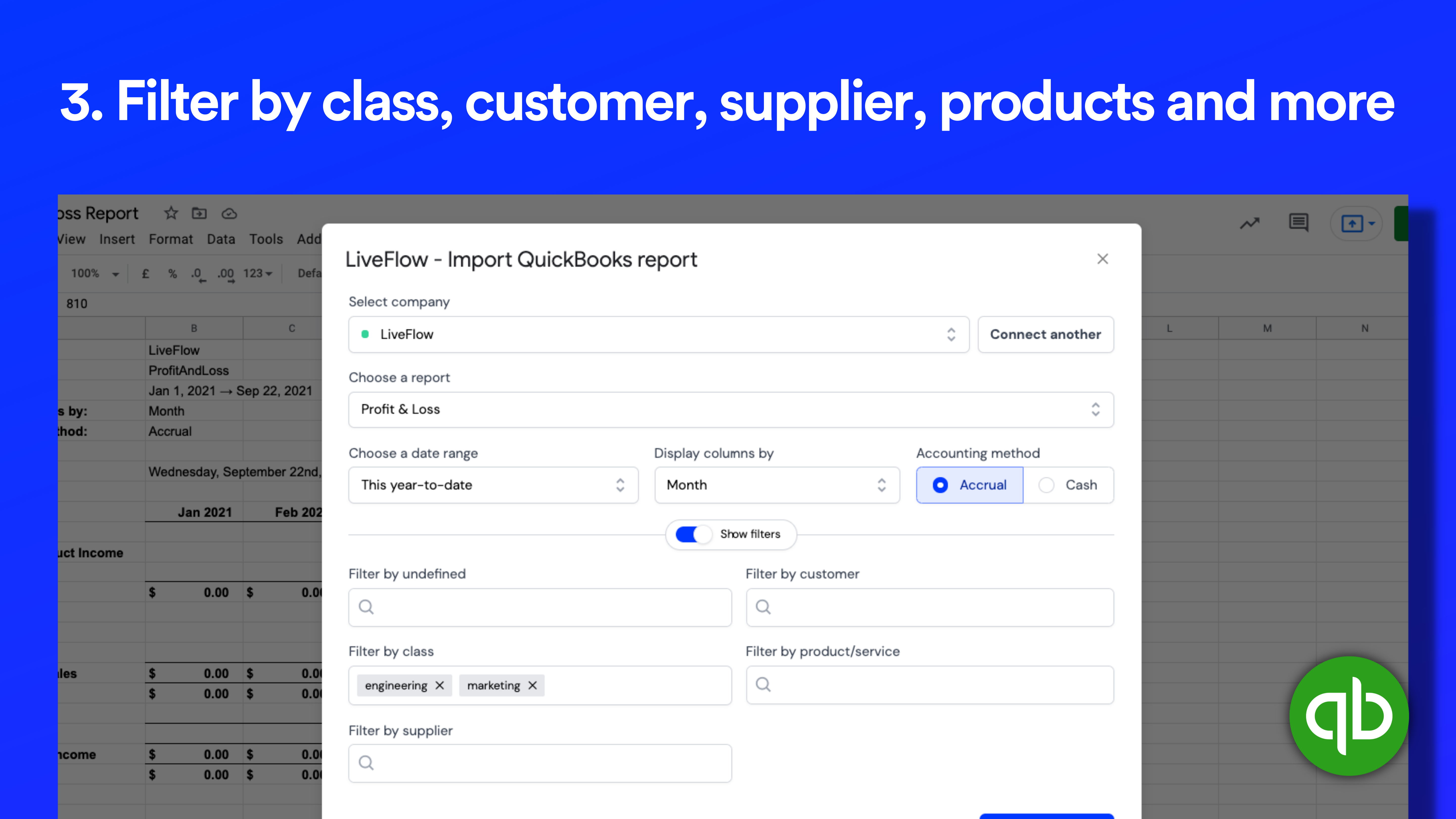 LiveFlow Software - Filter by class, customer, supplier, products and more