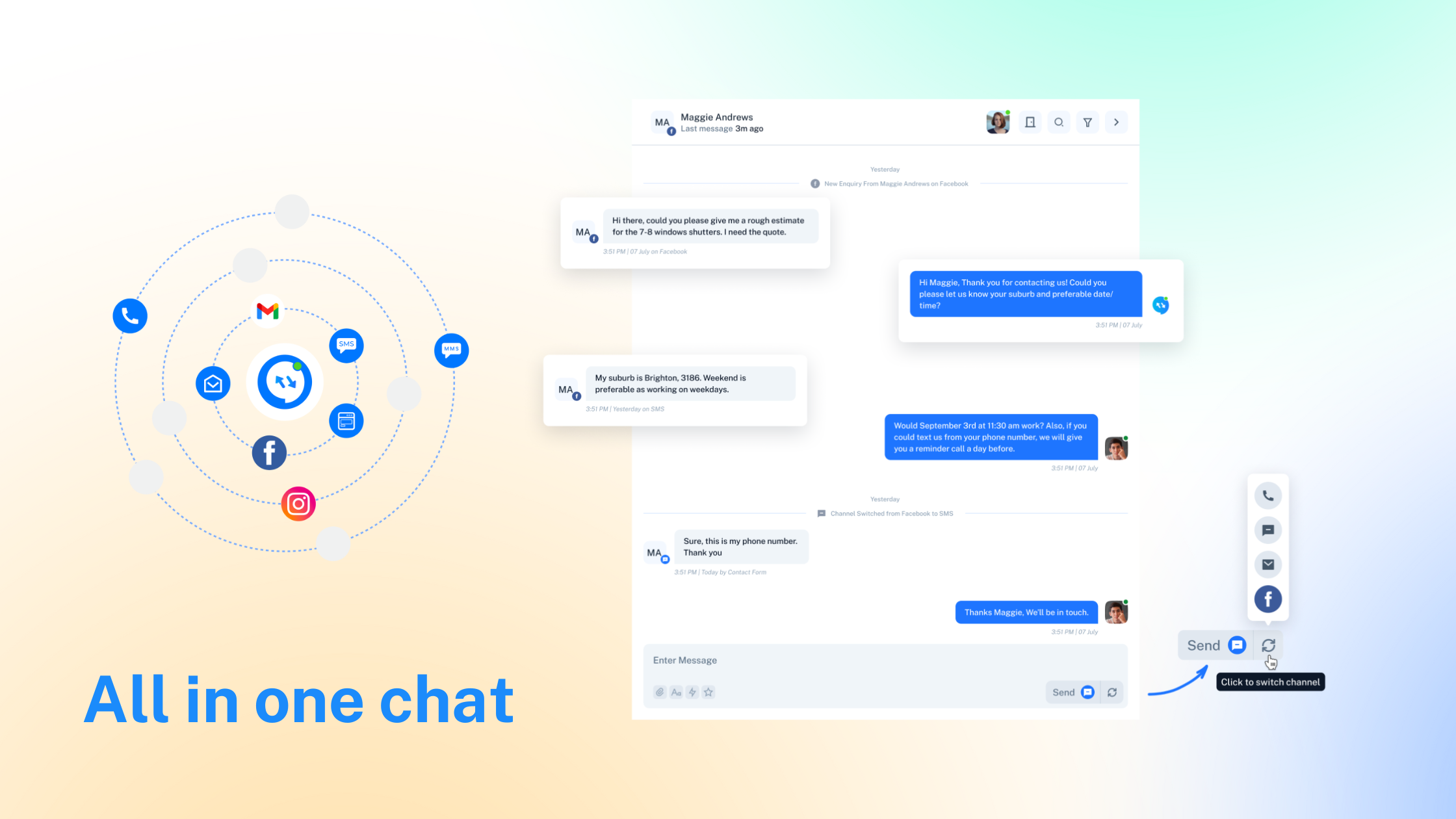 Whether the chat starts from a contact form, it can continue over email or SMS and then over to socials without navigating away. We centre your leads under each customer’s name and not where they came from.