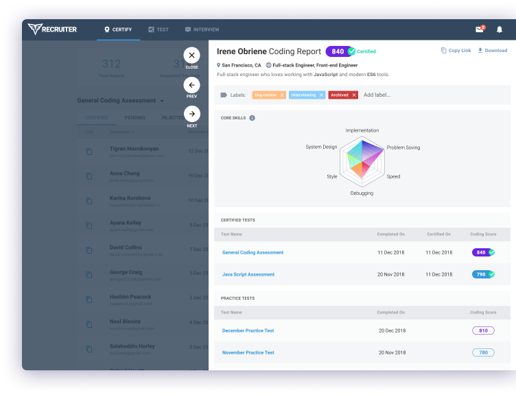CodeSignal Software - Increase interview-to-hire ratios with subject specific scores and skills-based profiles that compare your candidates with the rest of the industry to quickly identify and prioritize top talent.