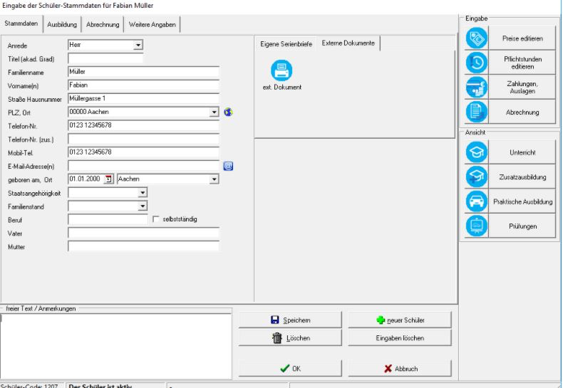 FahrSchule screenshot: FahrSchule student data