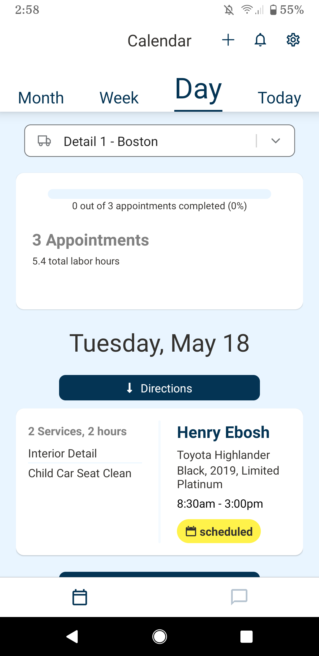 The calendar view in the technician app gives the technician a full view of their day, week or month. Technicians can plan out their days and can be instantly notified here with any service updates from the customer or administrator.