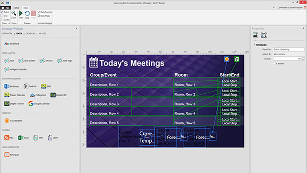 AxisTV Signage Suite Software - Handy data widgets let you select, place and format dynamic data from calendars, weather, RSS, Excel, XML, JSON and more. See data paths for reference and preview playback on your desktop before publishing out to displays.