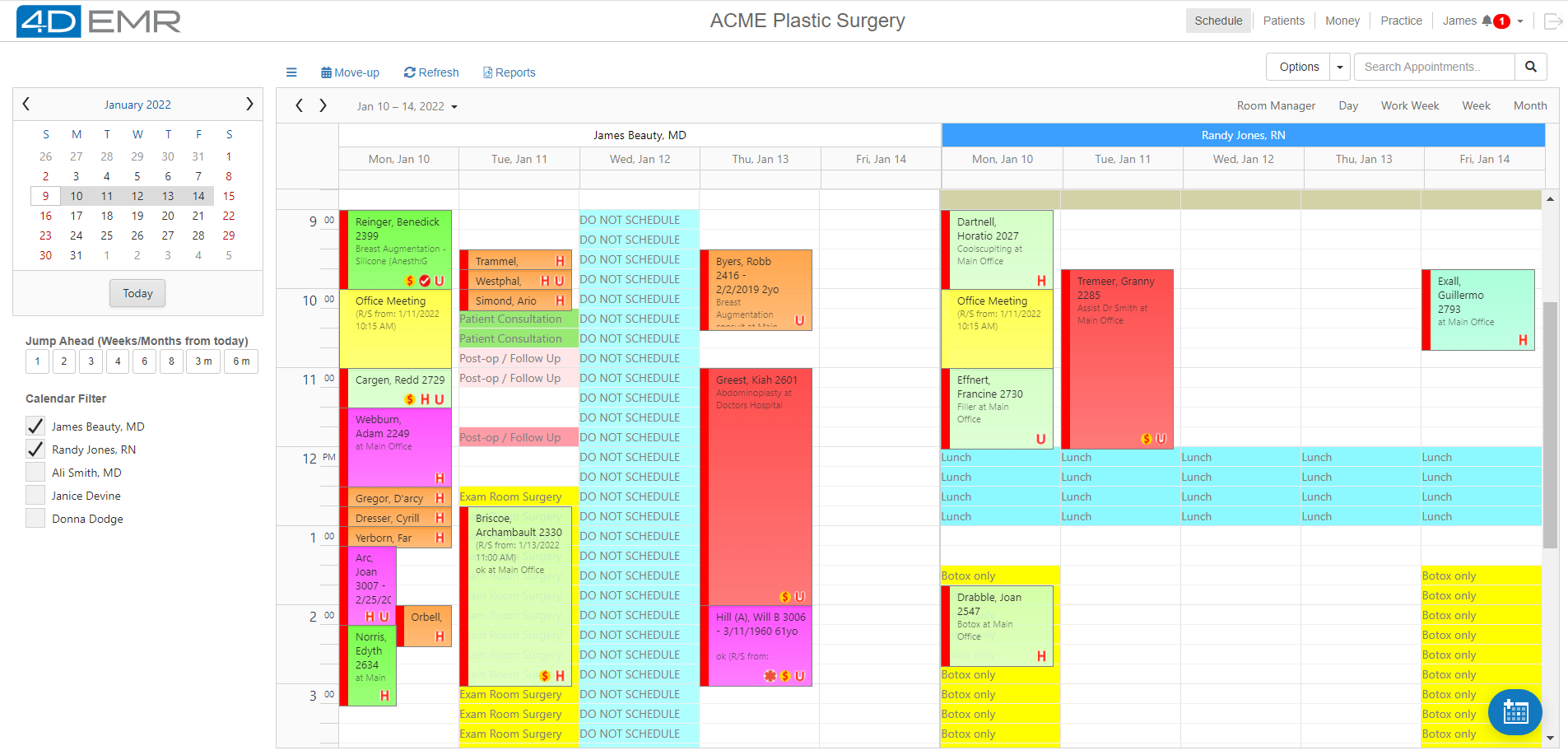 Scheduling page allows viewing side-by-side all doctors, staff, equipment and room calendars.