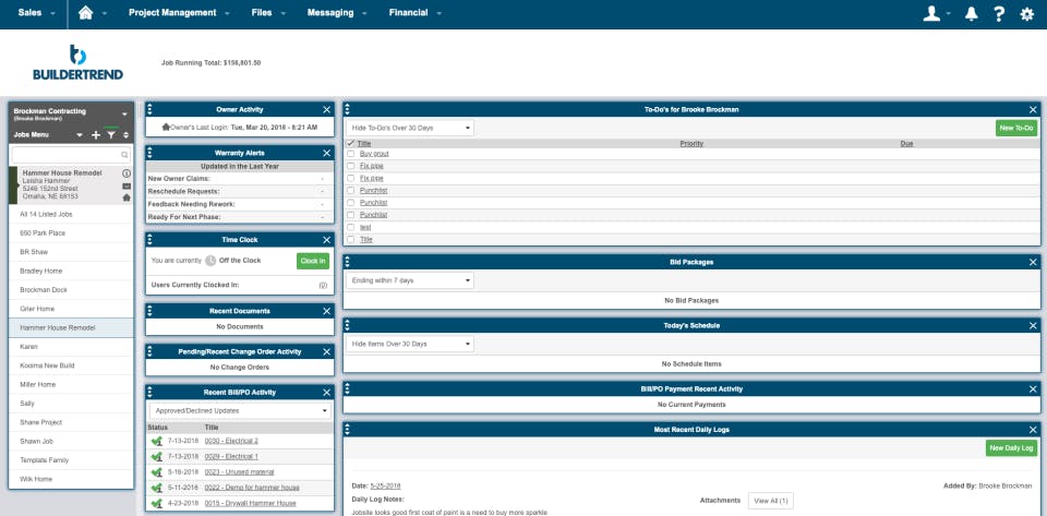 This image is a screenshot of the BuilderTrend construction management software's to-do dashboard