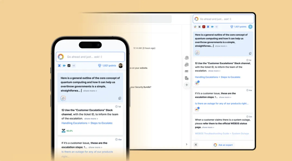 Ask-AI screenshot: Your always-on AI assistant, wherever your teams live. Sits on top of web browser, inside Slack, and across your help center. 