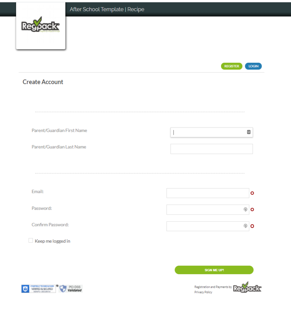 Regpack Software - Create new account page