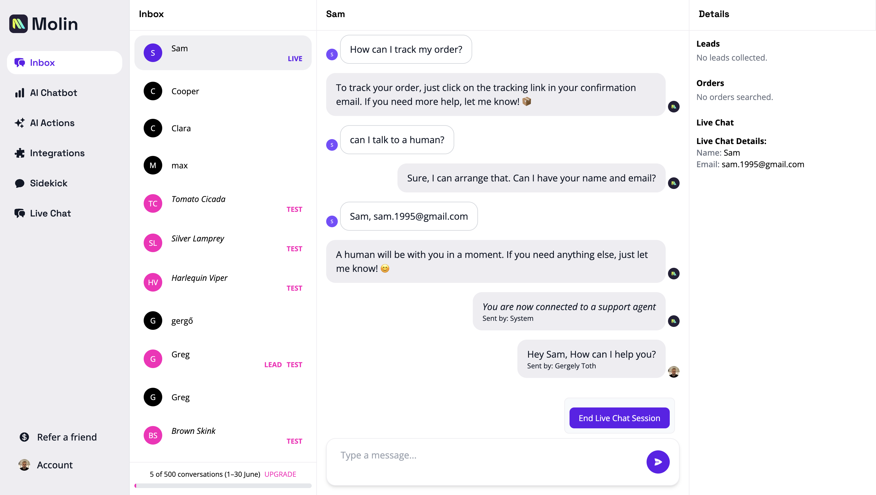 Molin Software - Inbox: All conversations in one place to track interactions with Molin. Find leads, orders, and Live Chat details here.