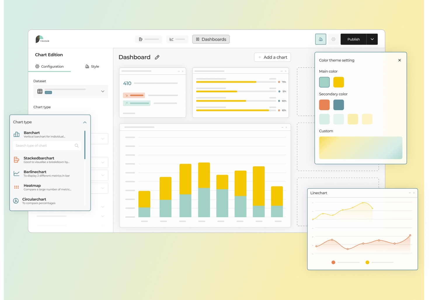Toucan screenshot: Create stunning, user-friendly dashboards with our intuitive drag-and-drop interface. Tailor every chart to your brand with customizable colors, layouts, and styles to match your brand.
