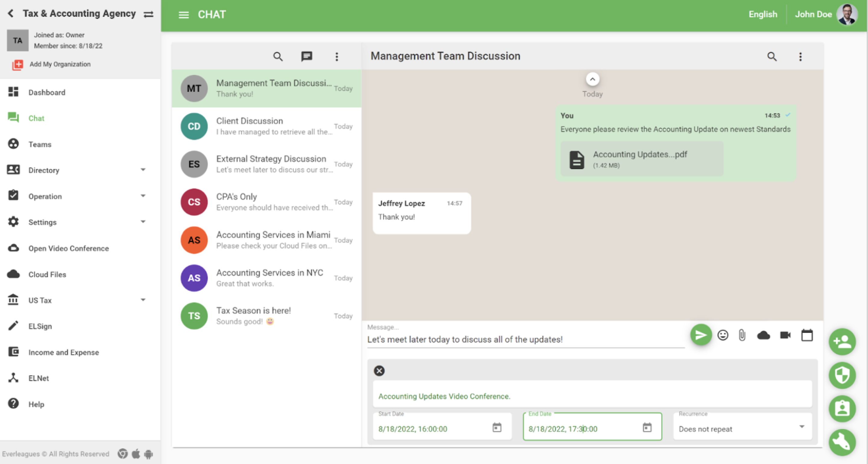 Everleagues screenshot: Users can send text messages, upload files, start and schedule video conferences, and more in one-to-one or group chats. Users can also mark messages as starred or reply later. All messages are synced across desktop and mobile devices.