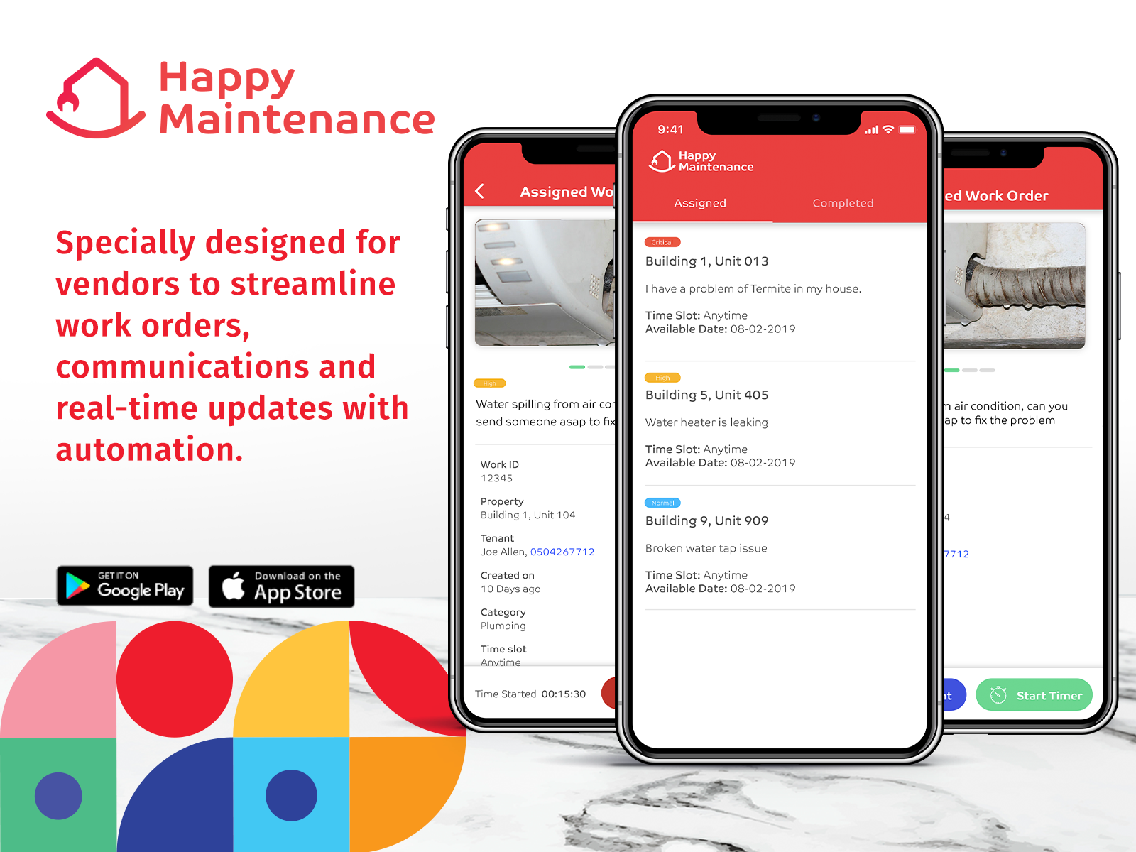 HappyMaintenance - mobile app designed and developed for vendors to streamline the communication, work order assignments and request & approval process between vendors and property managers.