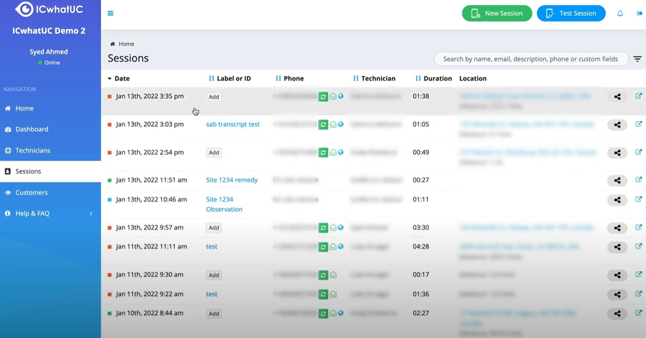 IrisCX Software - IrisCX sessions page
