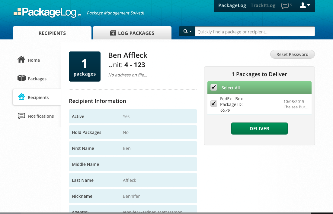 PackageLog Software - Recipient information