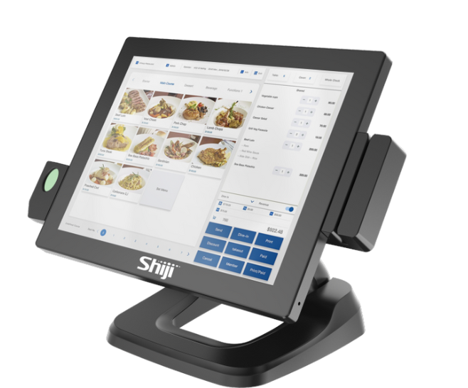 Shiji HK5900 Series POS terminal - The low-profile and foldable base is built in a die-cast aluminum housing for extra reliability. Designed to have a compact footprint while having all the connections needed. USB2.0 and 3.0, Serial, Cash Drawer and LAN.