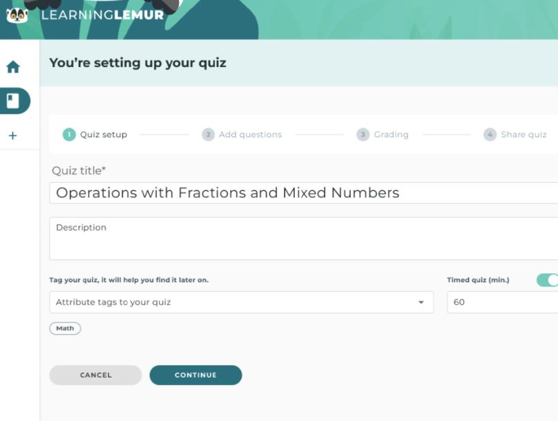 Learning Lemur screenshot: Learning Lemur set up quiz and add details