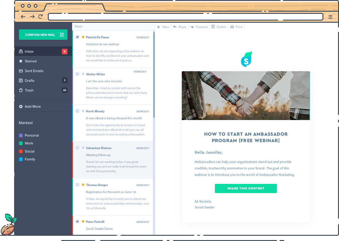Ambassadors receive campaigns in their mailboxes and can share them on their favorite Social Networks in two clicks