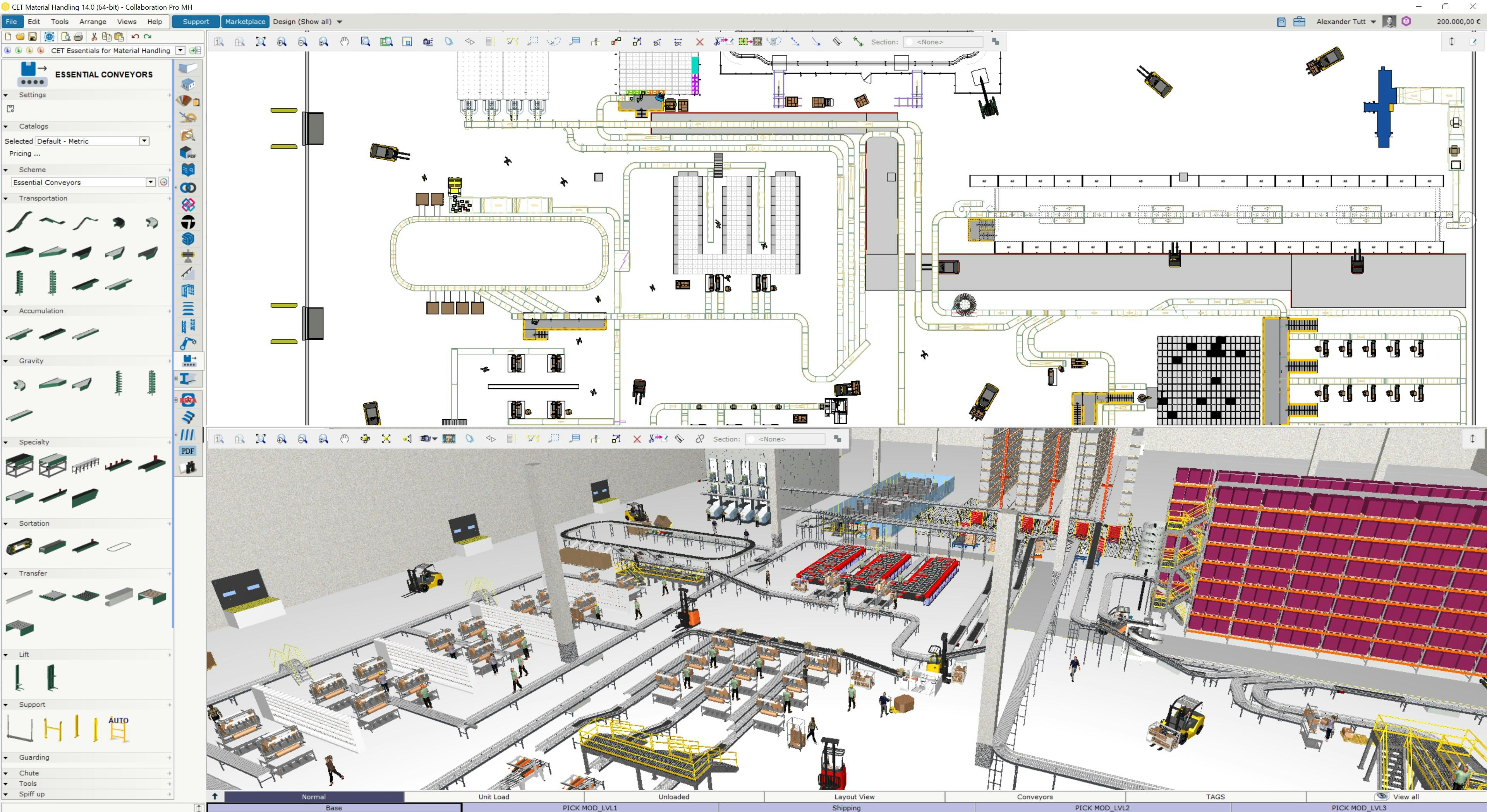 CET Essentials for Material Handling Software - 𝐂𝐄𝐓 𝐄𝐬𝐬𝐞𝐧𝐭𝐢𝐚𝐥𝐬 𝐟𝐨𝐫 𝐌𝐚𝐭𝐞𝐫𝐢𝐚𝐥 𝐇𝐚𝐧𝐝𝐥𝐢𝐧𝐠 allows you to work seamlessly in both 2D and 3D environments. You can see your work simultaneously on multiple screens, giving you full control of your material handling system designs.