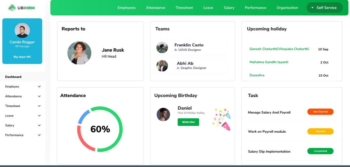 ubiHRM screenshot: ubiHRM dashboard