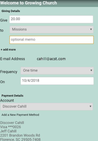 ACS screenshot: ACS payment details
