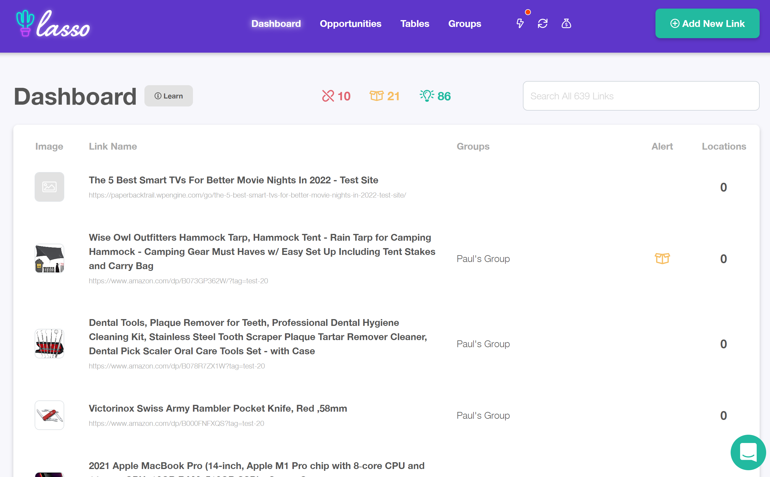 Lasso screenshot: Lasso's Link Management Dashboard
