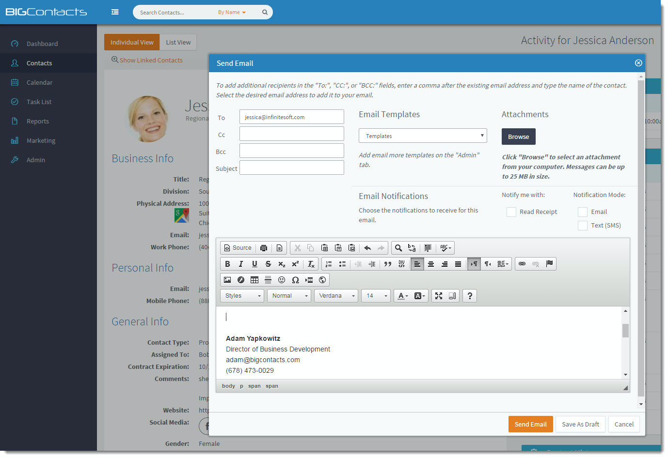 Seamlessly send & receive emails right from the Contact record