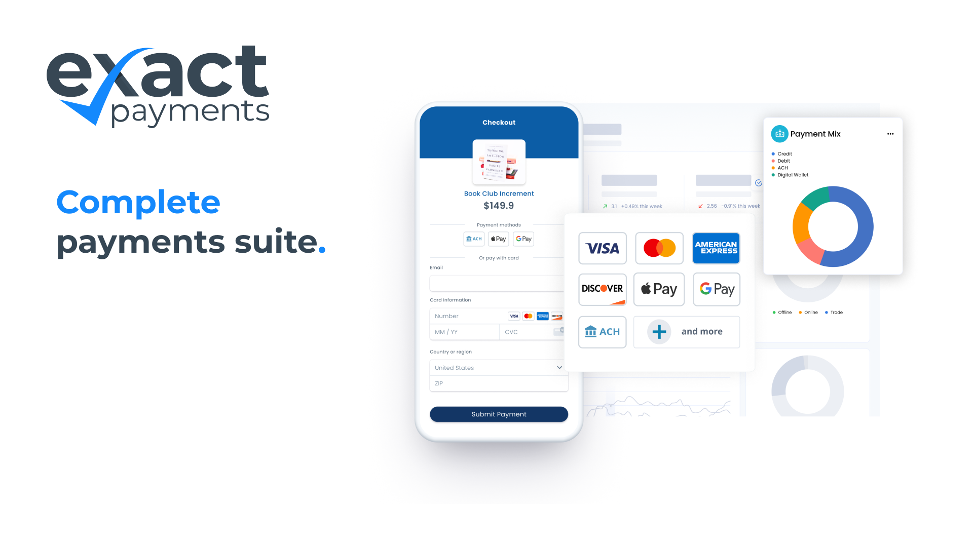 Exact Payments Software - All the payment types your customers want and their buyers need. From credit and debit cards to ACH payments, Apple Pay, Google Pay, and more.