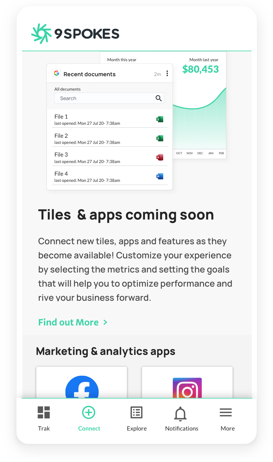 9Spokes on mobile, connecting apps that power your dashboard.