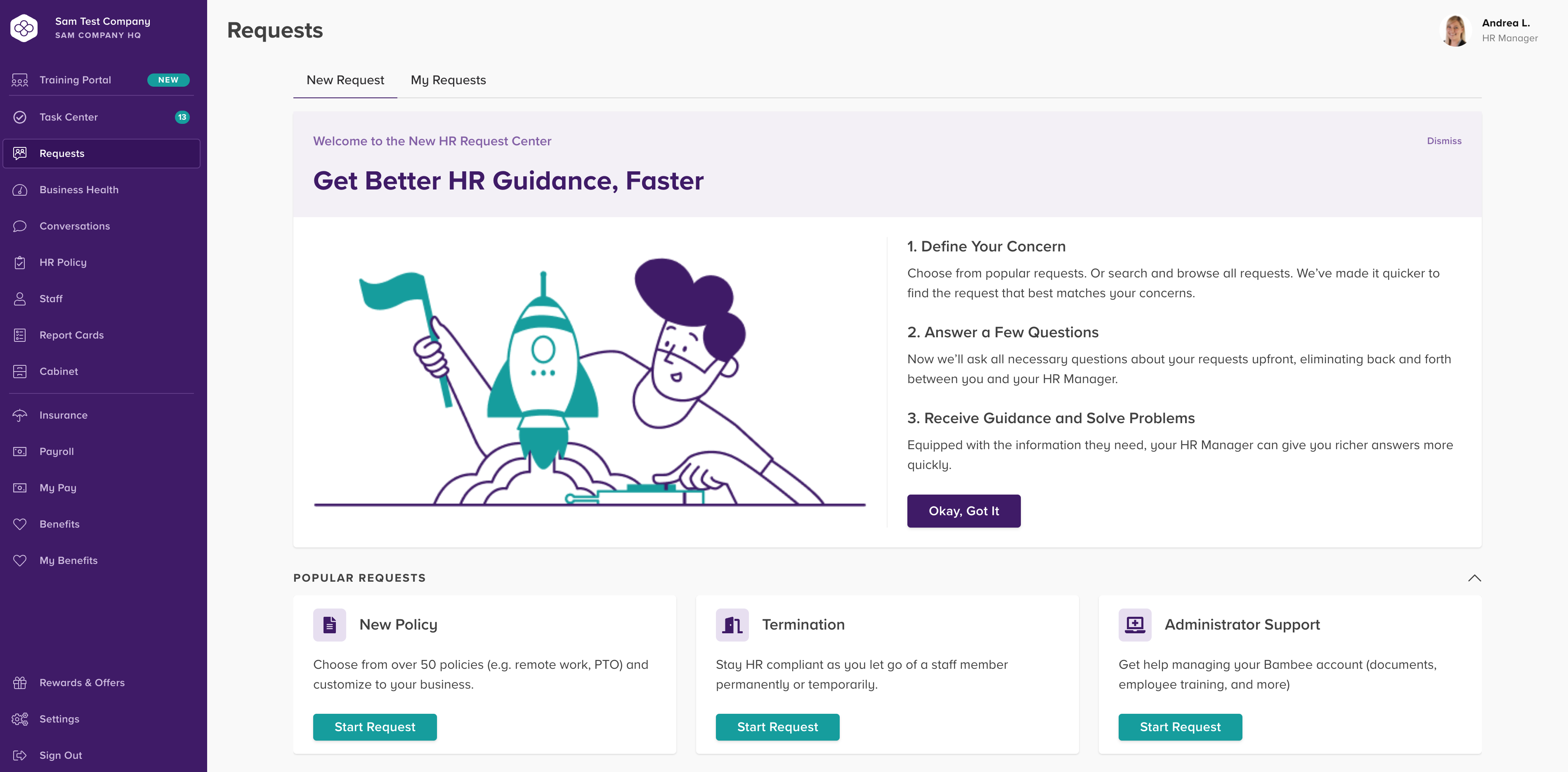 Bambee screenshot: HR Request Portal