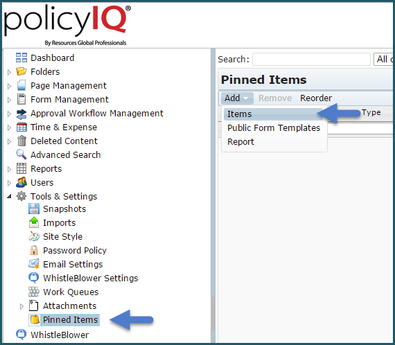 policyIQ pinned items screenshot