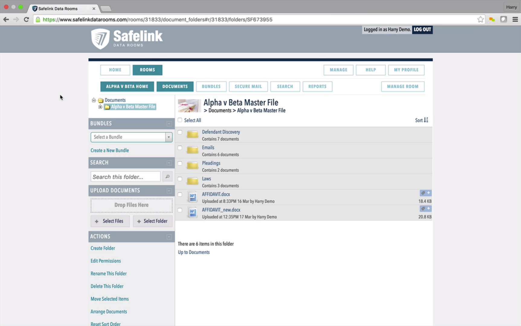 Safelink Data Rooms Software - The document screen displays all stored files and folders