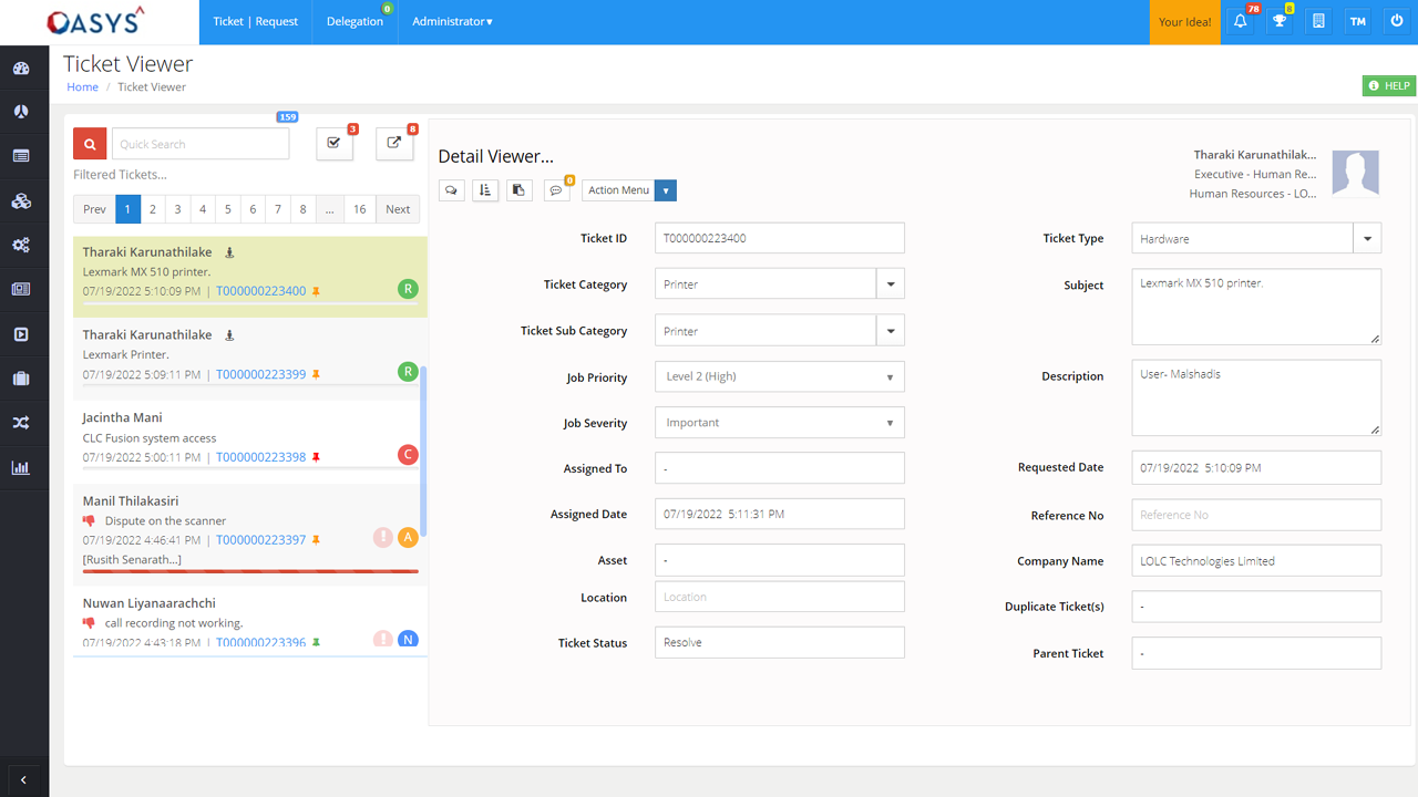 OASYS^ Software - Ticket/Problem Management