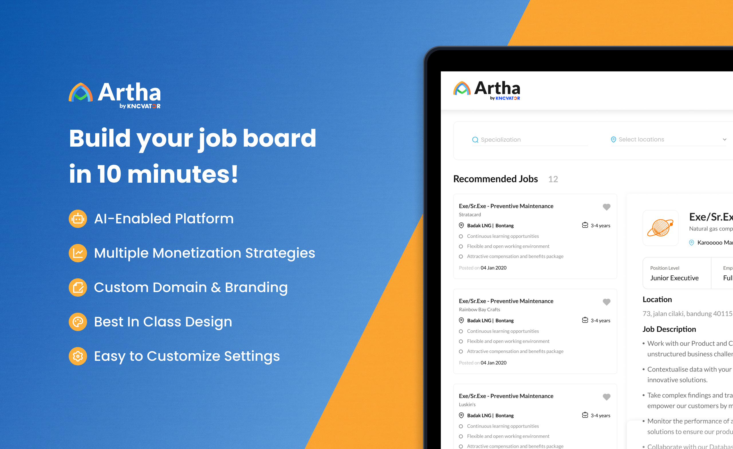 Build your job board in 10 minutes!
AI-Enabled Platform
Multiple Monetization Strategies
Custom Domain & Branding
Best In Class Design
Easy to Customize Settings