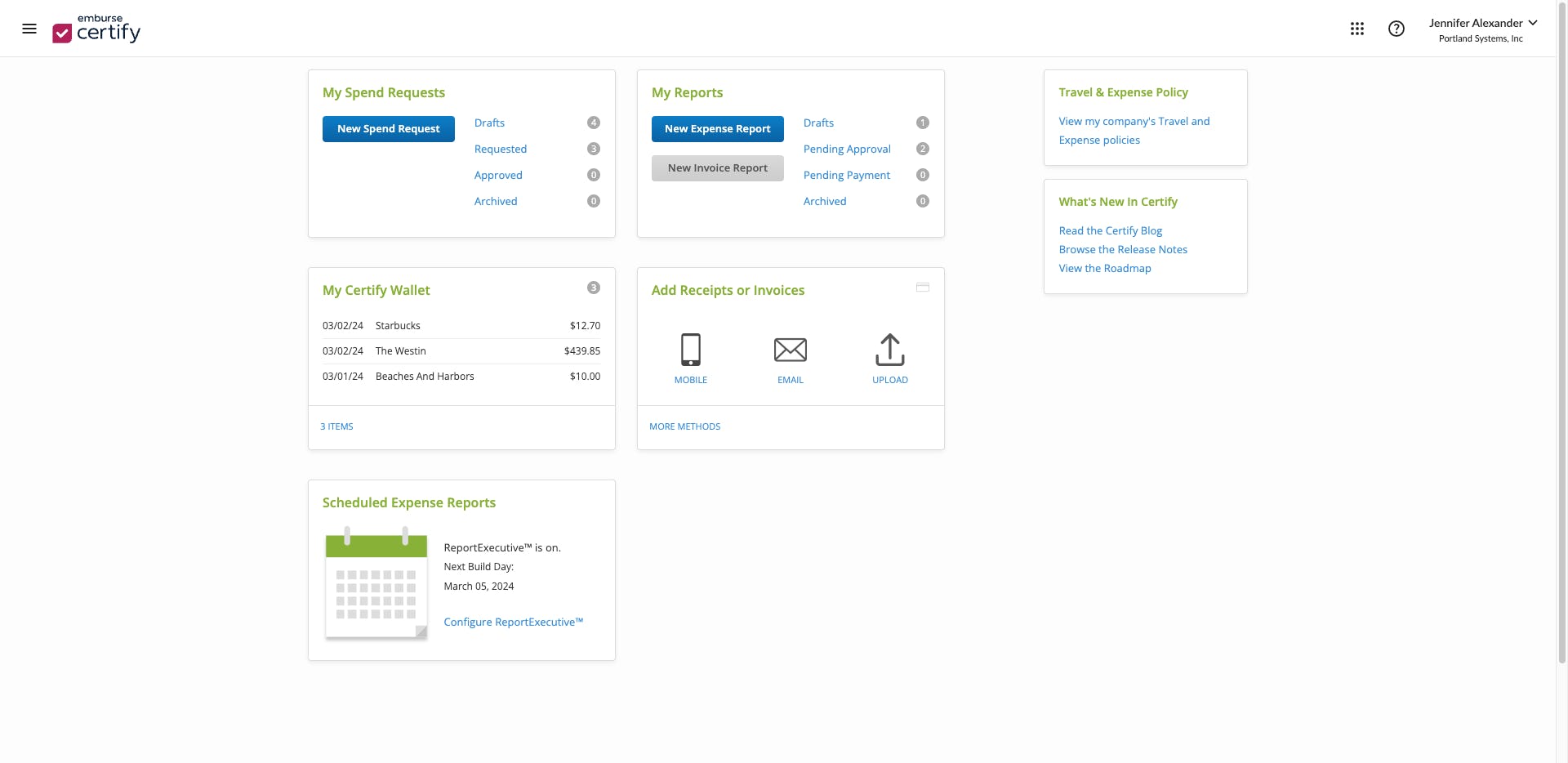 Emburse Expense Professional (formerly Certify Expense) Software - A launch point for your spend requests, reports, wallet, receipts & invoices, and expense report schedule.