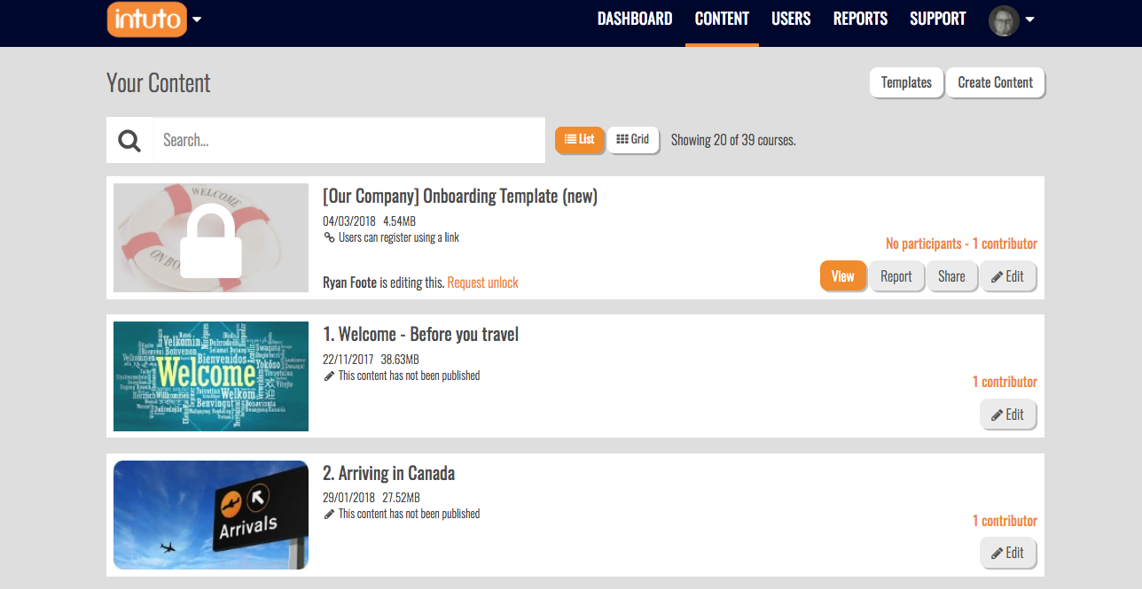 Intuto Software - The content listing page only displays content that users have permission to see. Course contributors can edit content, publish and share it, as well as view reports.
